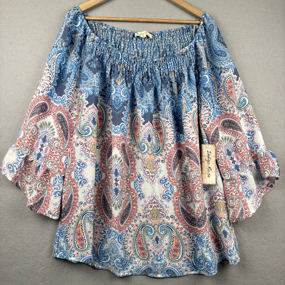 Indigo Rose Peasant Top Womens 3X Paisley Smocked Bell Sleeve Boho Blouse - Picture 2 of 13